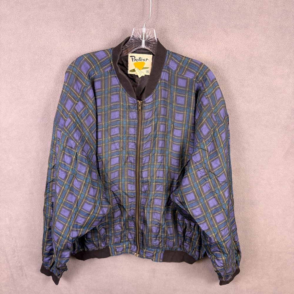 Vintage 80s‎ Protest  100% Silk Plaid Bomber Jacket Pockets Size XL Blokecore